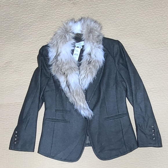 Loft Ann Taylor Blazer with faux fur removable collar wool blend jacket size 10p - Picture 4 of 16